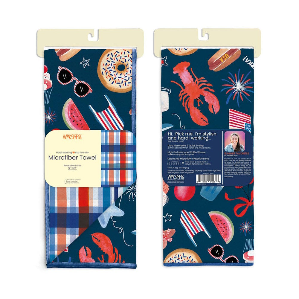 Front and back packaging view of a reversible microfiber kitchen towel with red, white, and blue summer illustrations.
