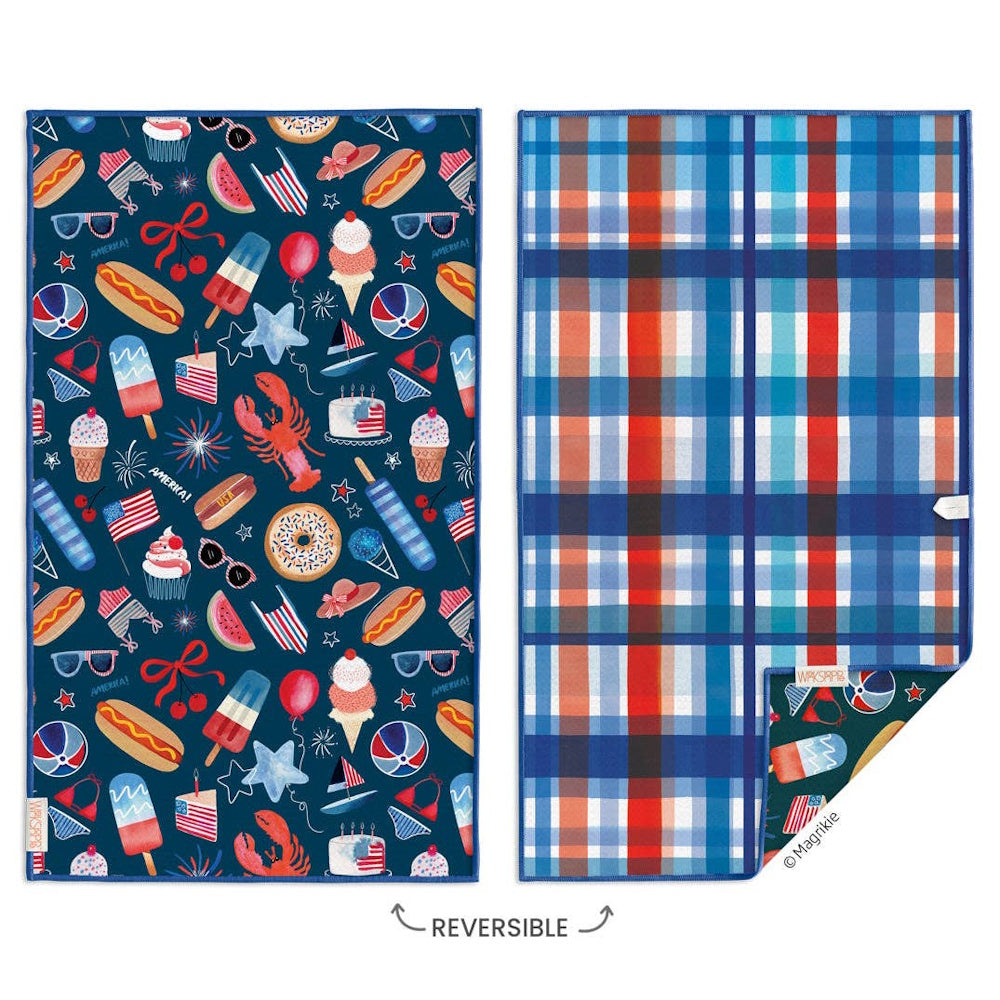 Front and back view of a reversible microfiber kitchen towel with a summer icon pattern and blue plaid design.