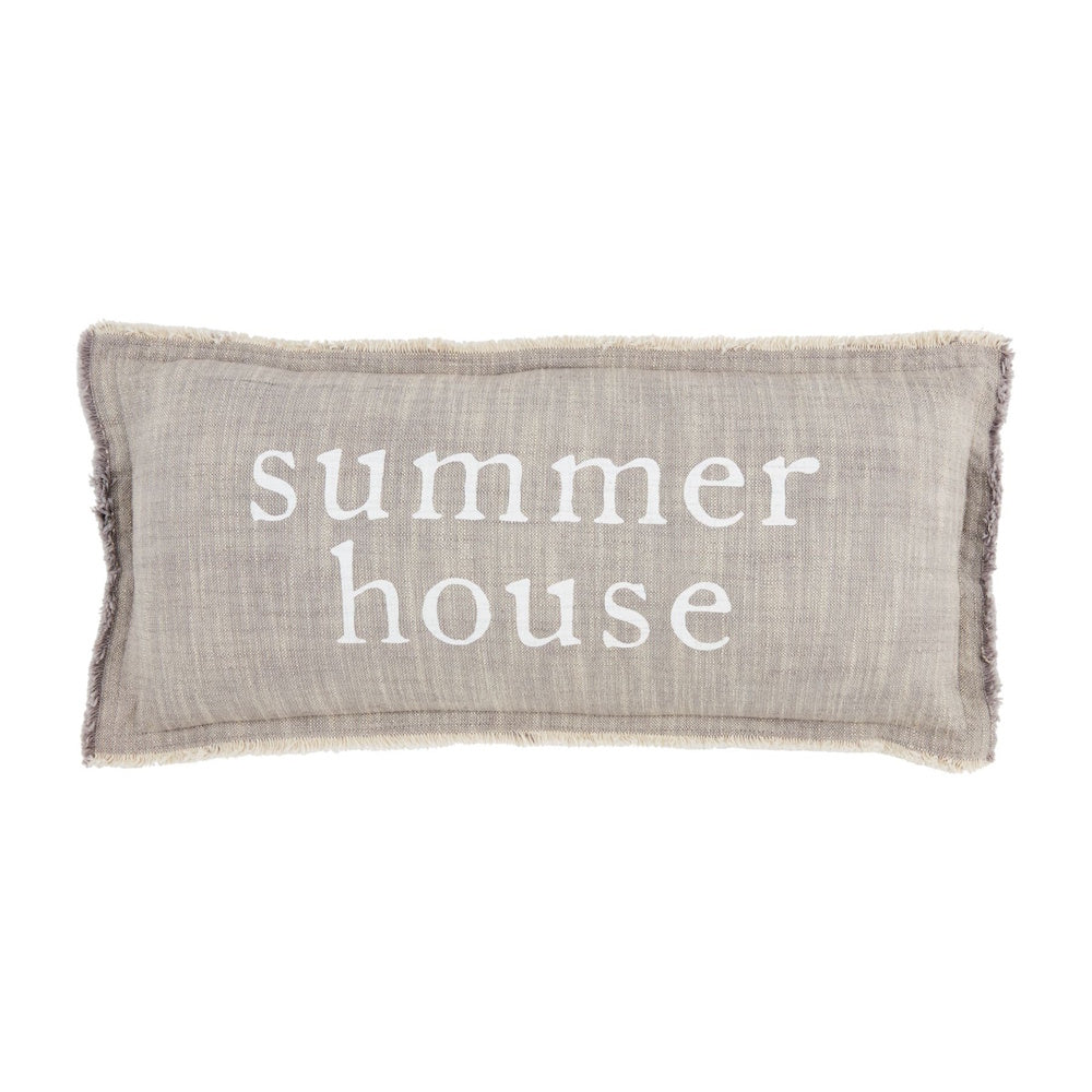 A grey textured lumbar pillow with frayed edges, featuring the words "summer house" printed in white.