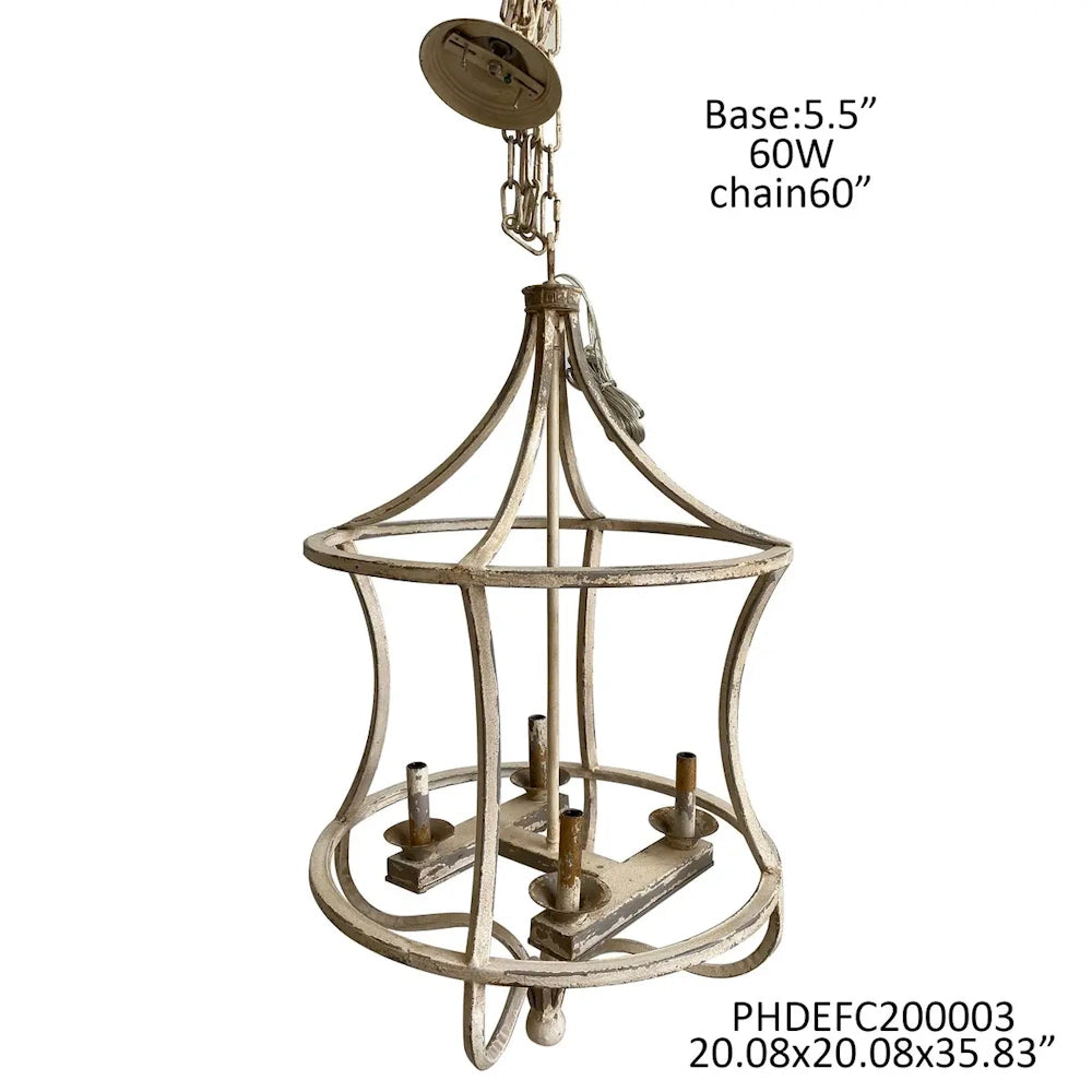 A rustic, off-white cage lantern chandelier with text overlay showing its measurements and specifications.