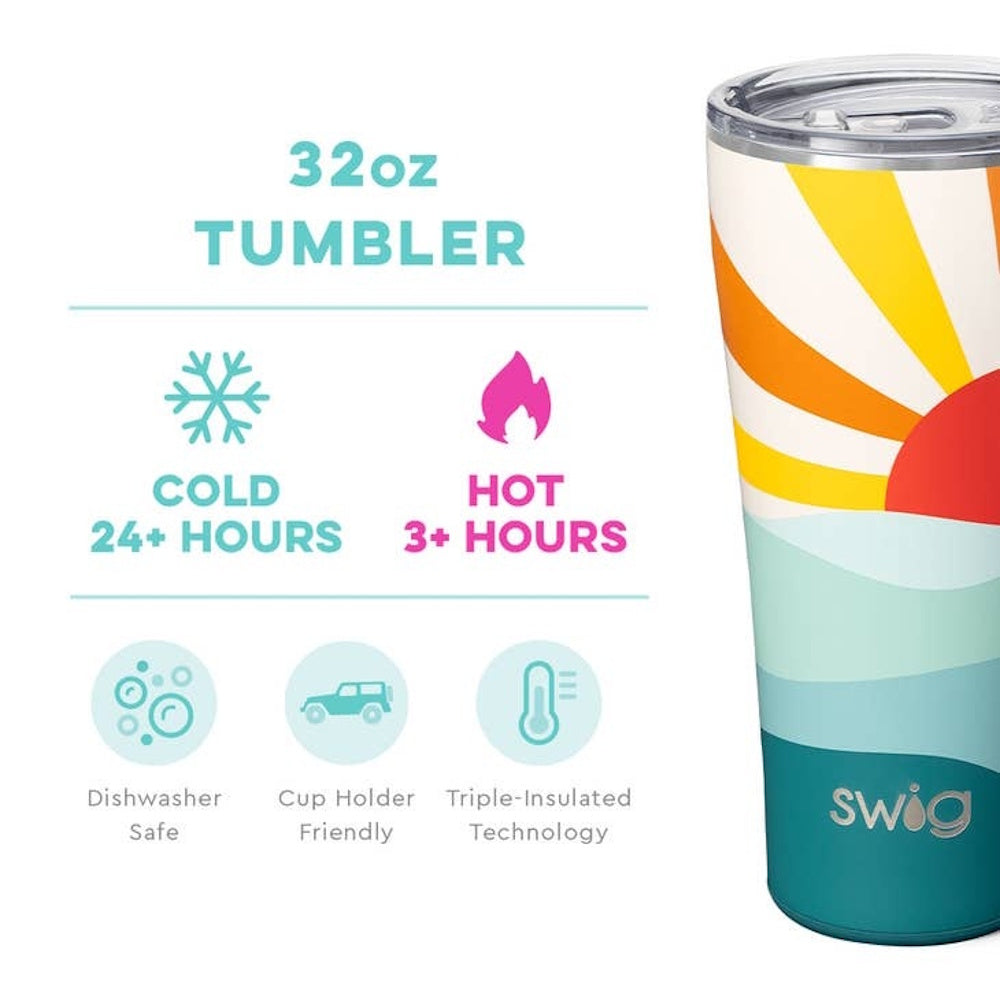 A 32oz Swig tumbler graphic showing features: cold for 24+ hours, hot for 3+ hours, and dishwasher safe.