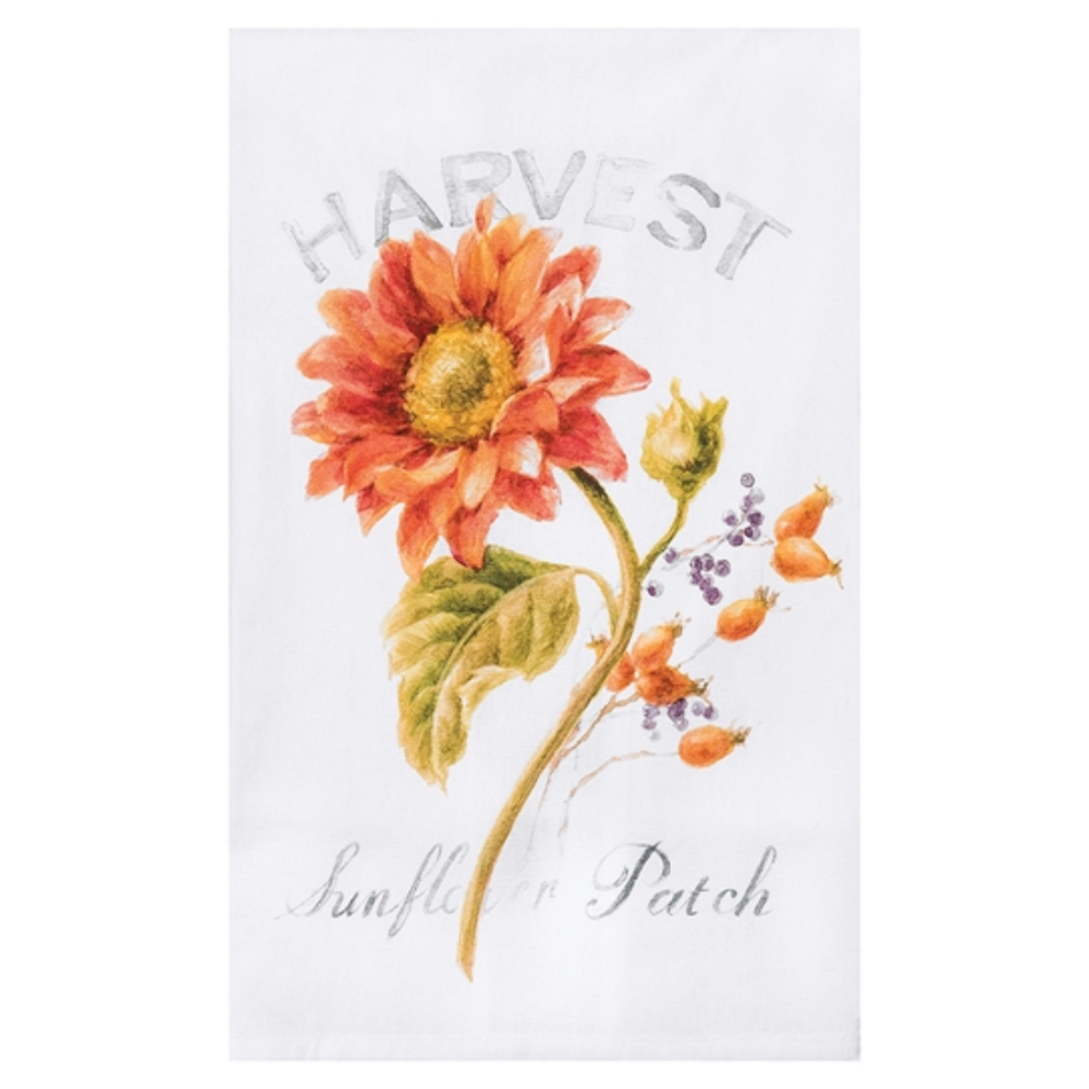 Orange sunflower illustration on white background with text reading "Harvest Sunflower Patch."