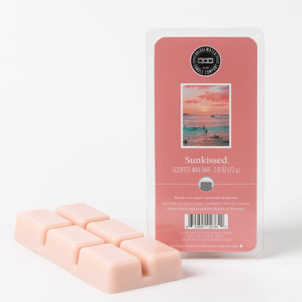 Sunkissed 2.6 oz scented wax melt bar by Bridgewater Candle Company with pink wax cubes for fragrance warmers.