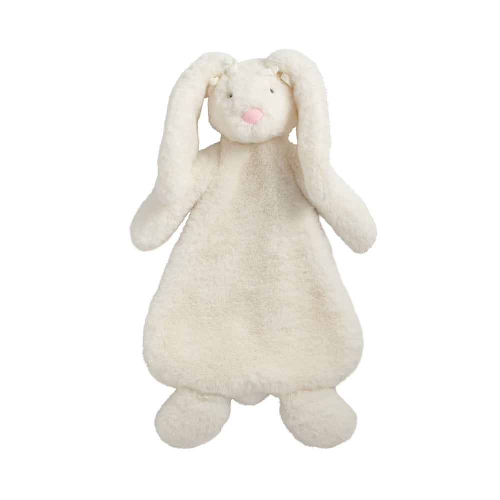 White plush bunny security blanket lovey with long floppy ears and pink nose on a white background.