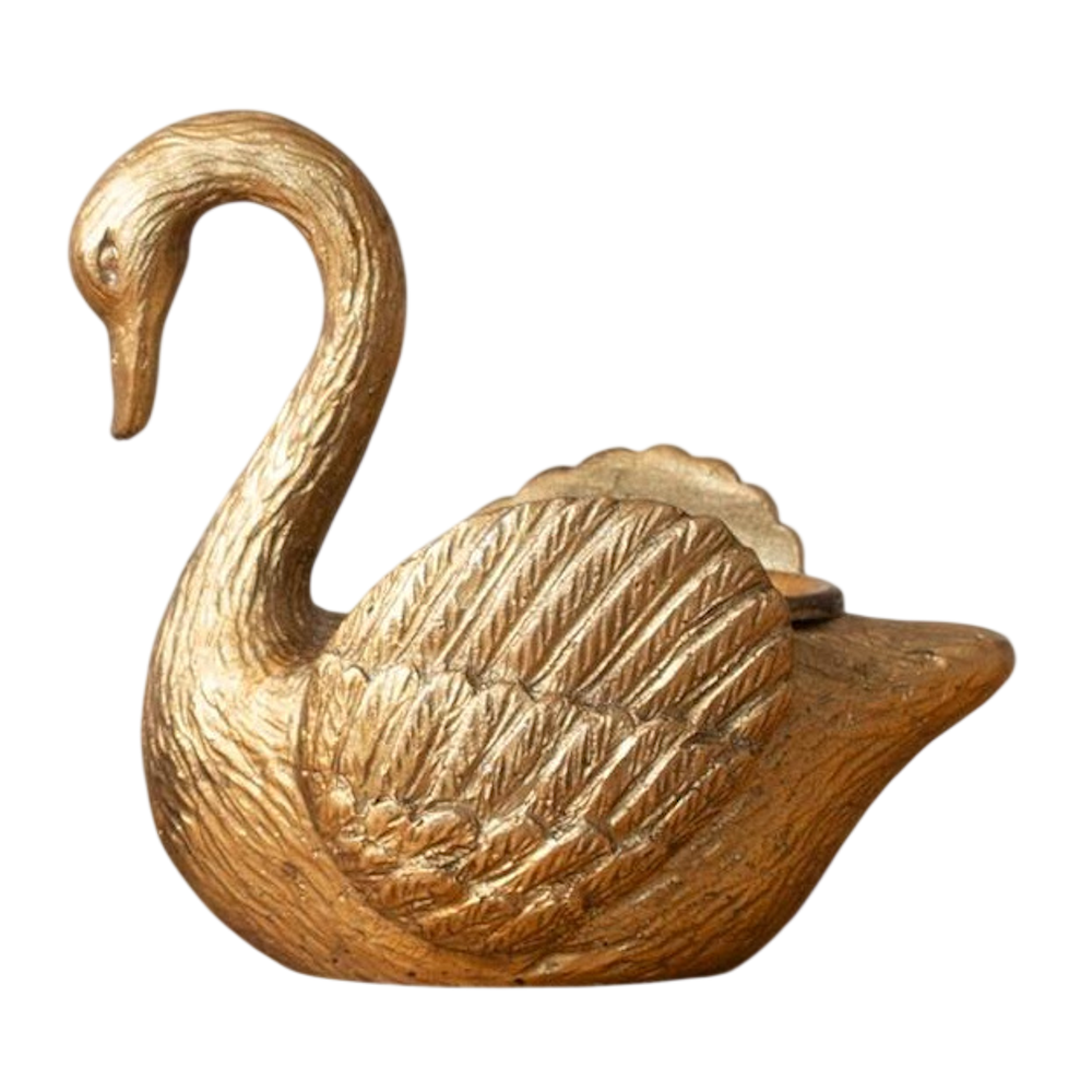 Gold swan tapered candle holder with textured wing detail, elegant vintage-style tabletop decor on a white background.