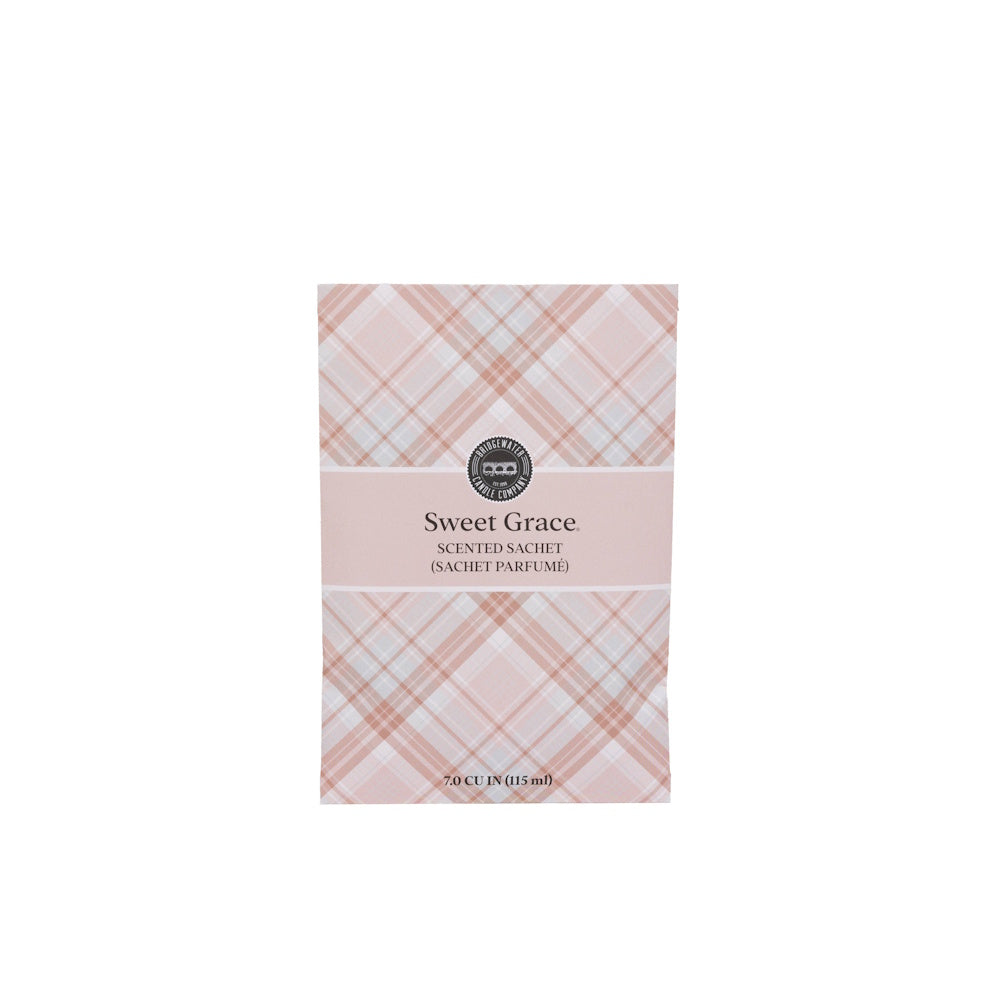 Sweet Grace scented sachet in a pink and white plaid pattern by Bridgewater Candle Company.