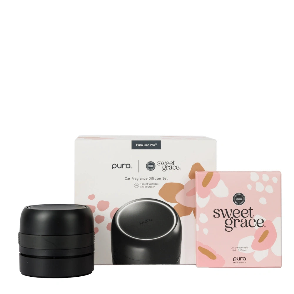 Sweet Grace Pura Car Pro diffuser set featuring a black car diffuser, box, and fragrance refill.