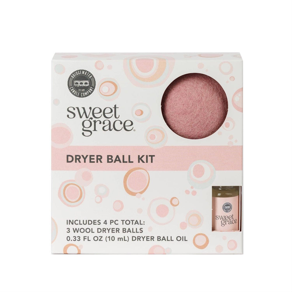 Sweet Grace Dryer Ball Kit box showing a pink wool dryer ball and fragrance oil bottle.