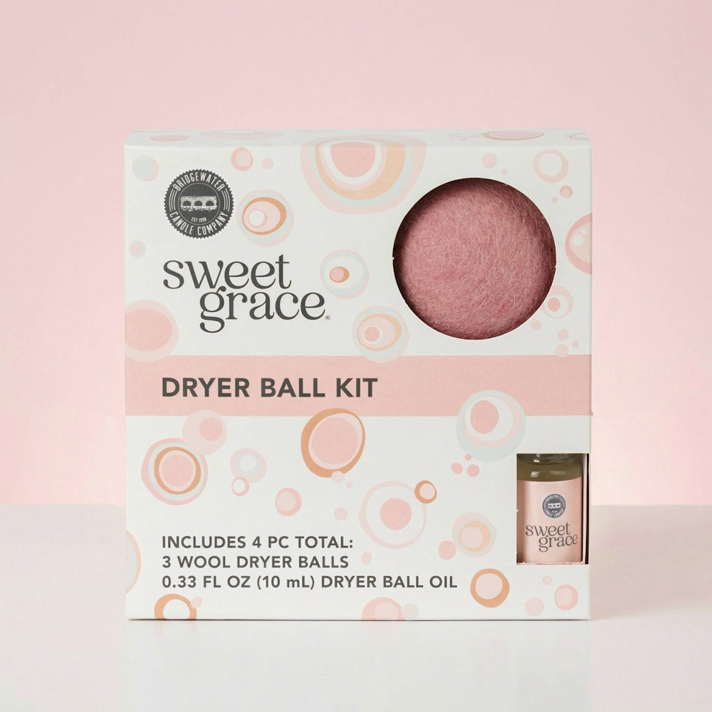 Sweet Grace Dryer Ball Kit box showing a pink wool dryer ball and fragrance oil bottle.