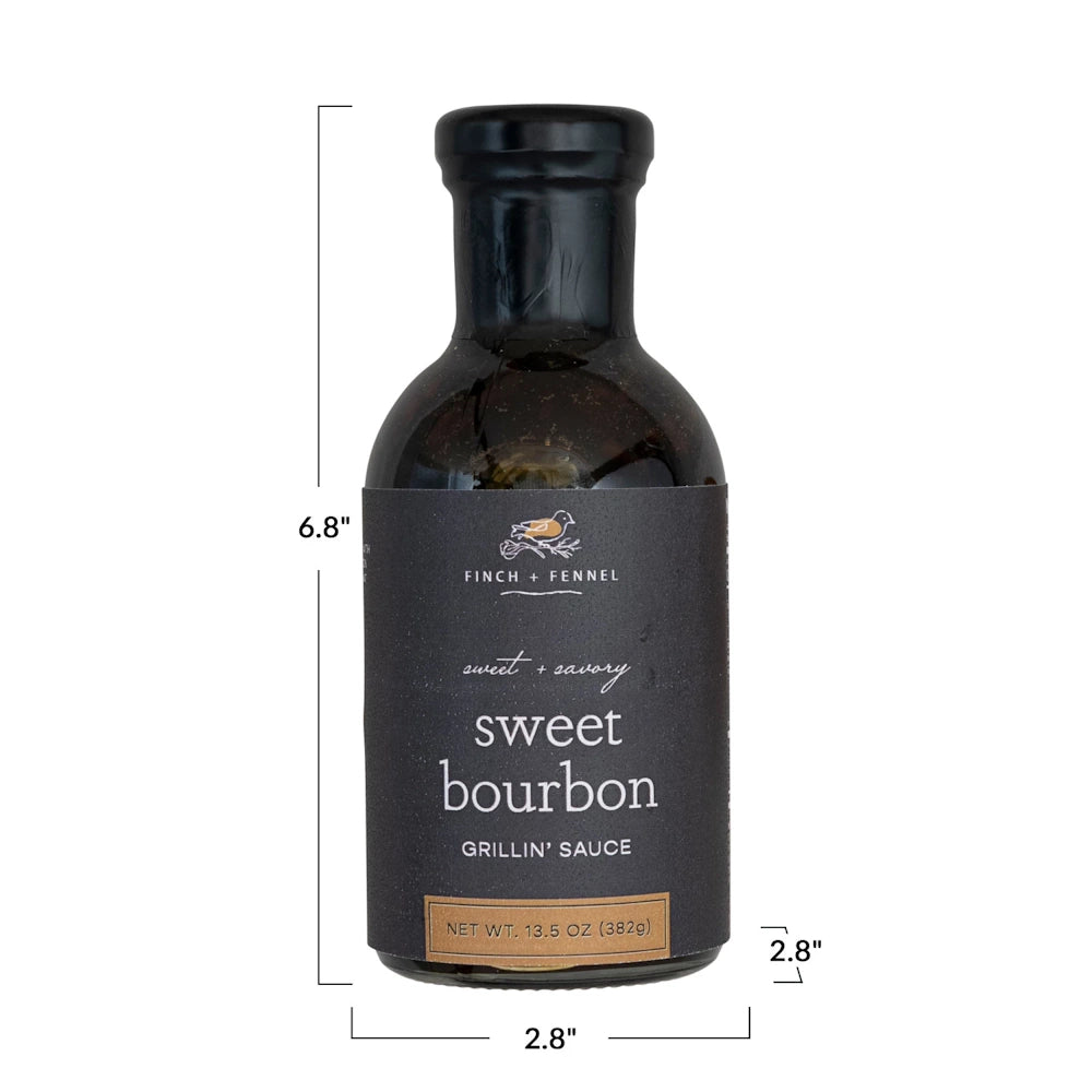 Finch + Fennel Sweet Bourbon Grillin' Sauce bottle with 6.8" height and 2.8" width dimensions shown.