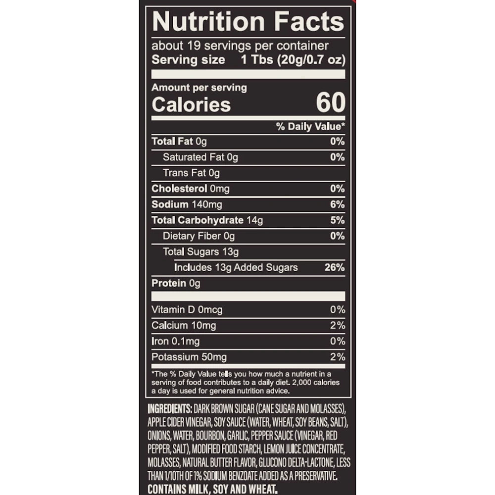 Nutrition facts label for Bourbon Grillin' Sauce showing 60 calories, 13g added sugar, and ingredients like brown sugar.