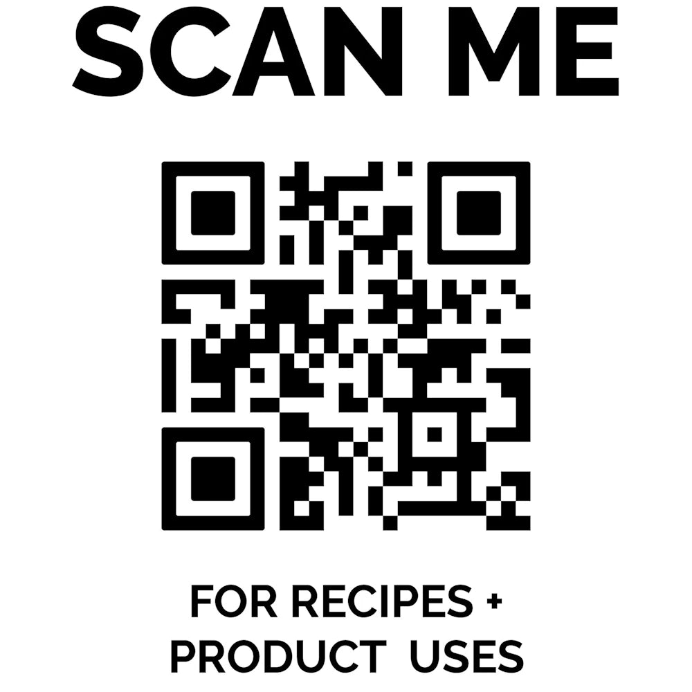 QR code with "SCAN ME" text above and "FOR RECIPES + PRODUCT USES" below on a plain white background.