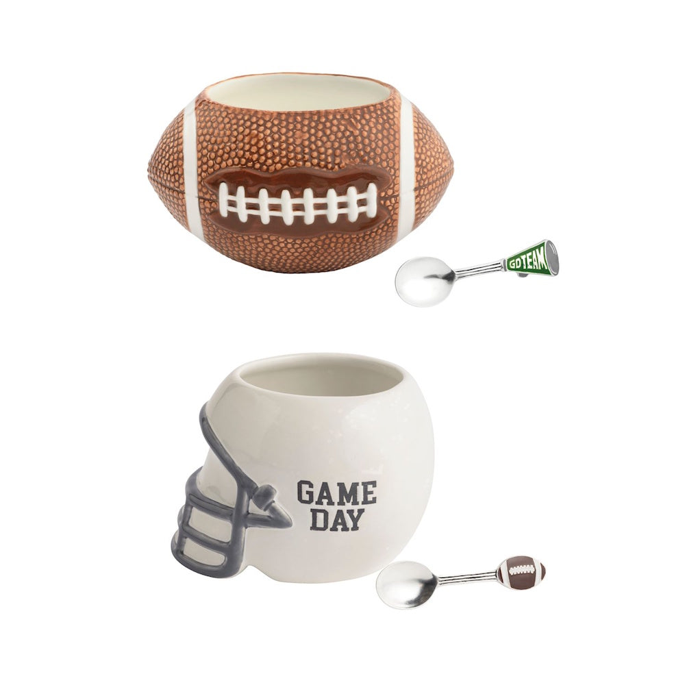 Football- and helmet-shaped ceramic dip bowls with themed serving spoons on a white background.