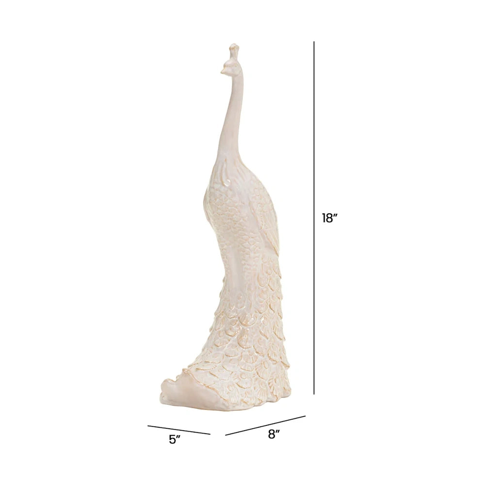 Cream peacock sculpture with dimensions of 18 inches high, 8 inches long, and 5 inches wide.