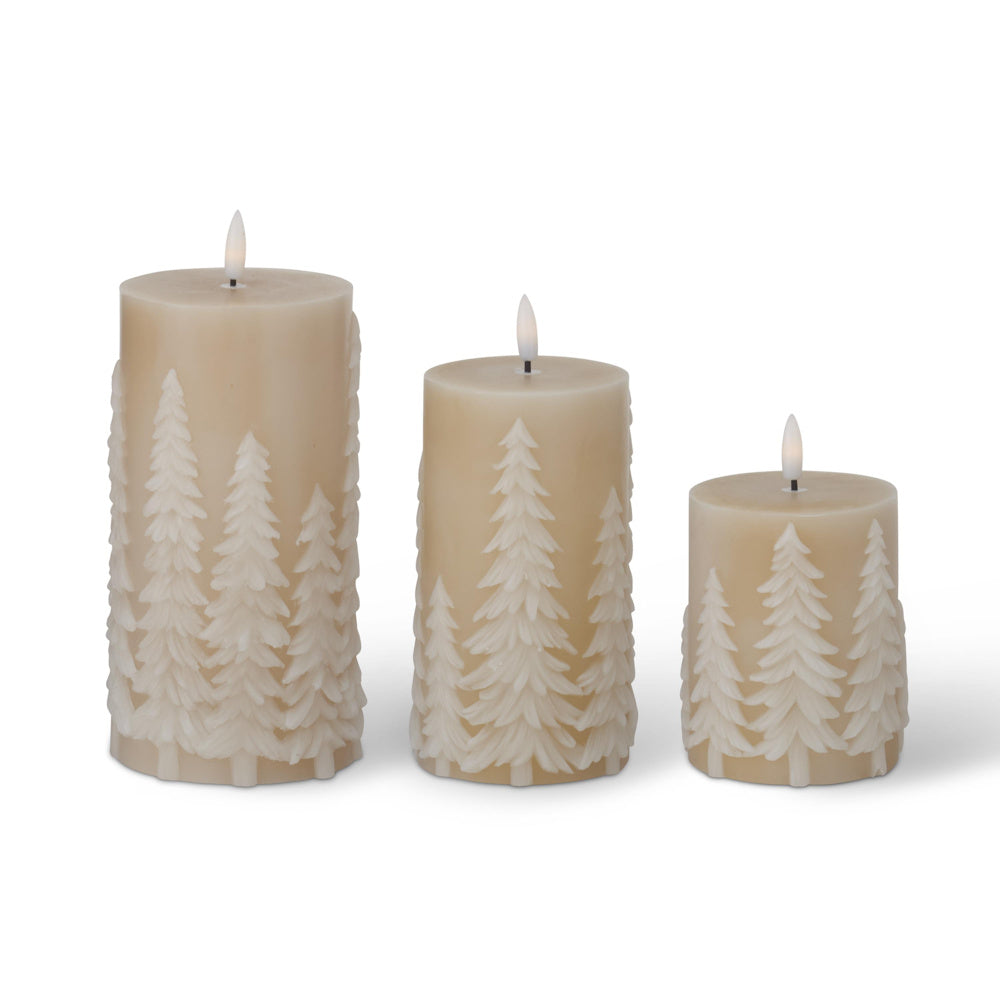 A set of three tan LED pillar candles featuring embossed tree patterns and built-in timers.