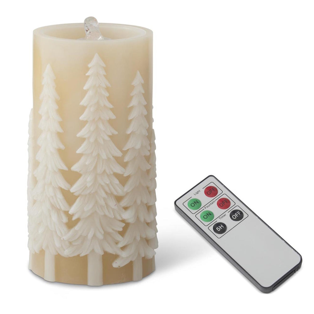 A tan embossed tree water candle with a timer and remote control.