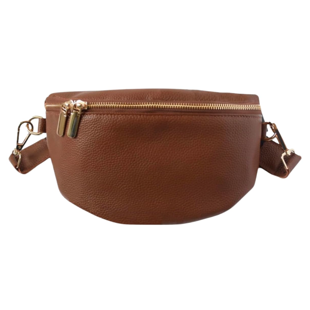Tan pebbled leather fanny pack and crossbody belt bag with gold zippers.