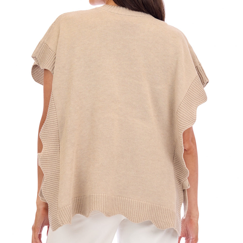 Back view of a tan, short-sleeved knit sweater featuring ruffled ribbed edges and a scalloped hem.
