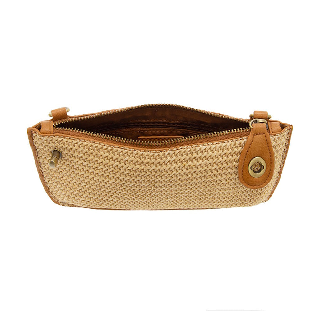 Open top view of a tan woven straw mini crossbody bag with a brown zipper and leather trim on a white background.
