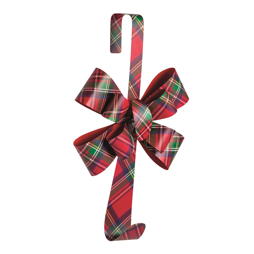 Red tartan plaid metal wreath hanger featuring a decorative bow in the center.