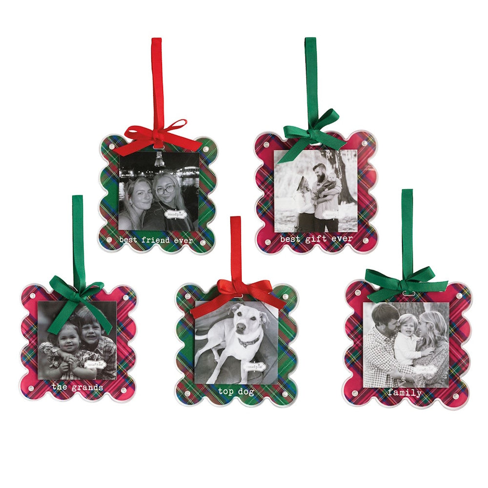Set of five tartan photo ornaments featuring best friend, best gift ever, the grands, top dog, and family designs.