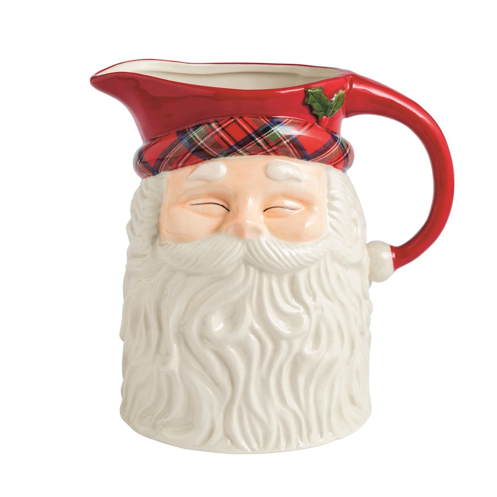 Ceramic Santa Claus pitcher featuring a red hat with a tartan plaid brim and a red handle.