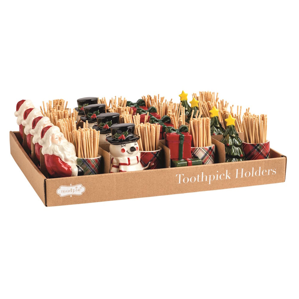 Retail cardboard display tray filled with assortment of ceramic holiday toothpick holders.