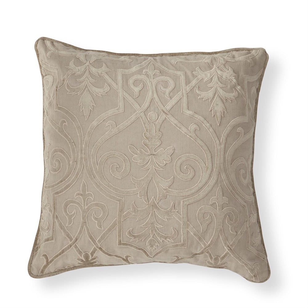 Taupe square throw pillow with intricate tonal velvet appliqué scrollwork pattern.