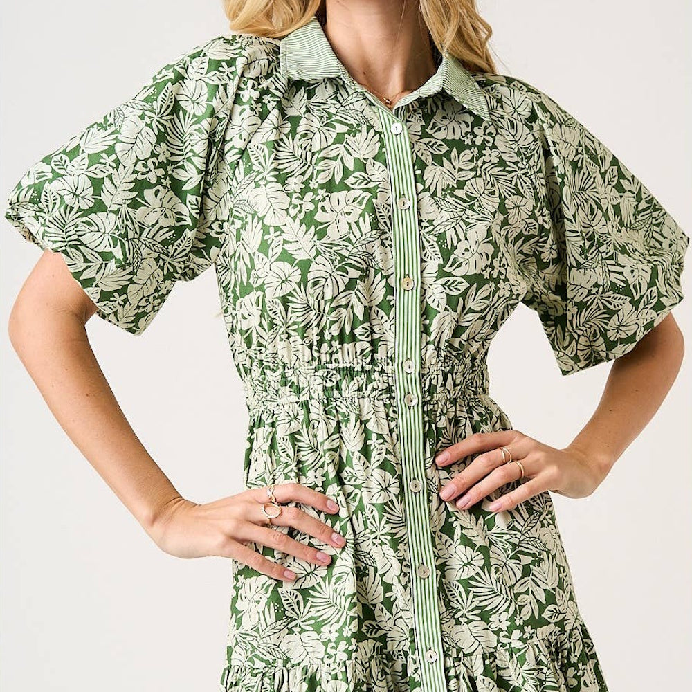 Tea green leaf print midi shirt dress with bubble sleeves, tiered skirt, and striped button-down placket detail.