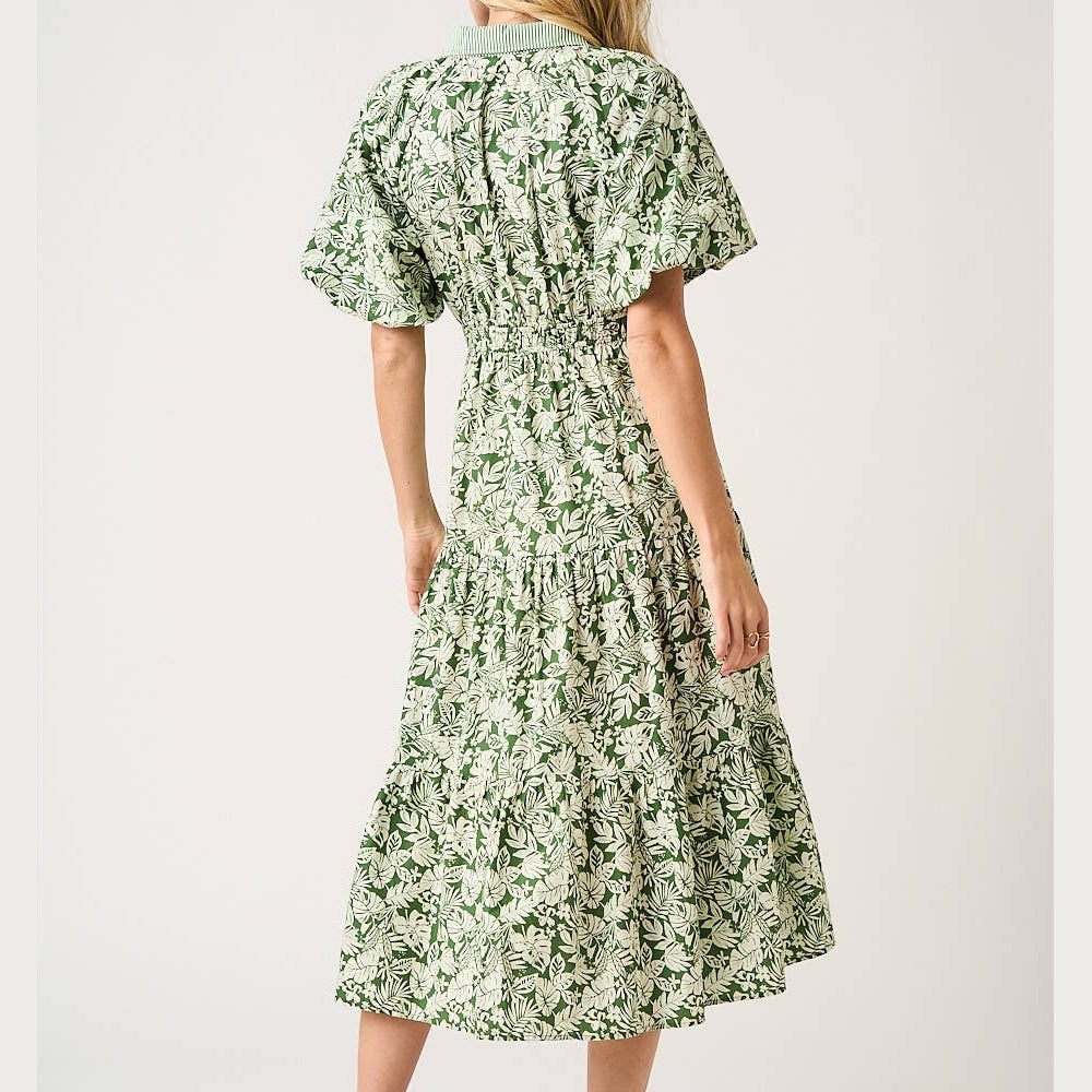 Tea green leaf print tiered midi shirt dress with bubble sleeves and smocked waist, back view.