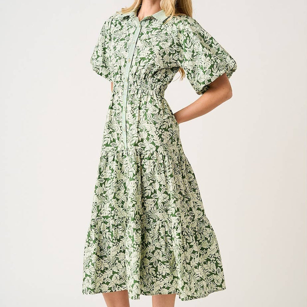 Tea green leaf print tiered midi shirt dress with bubble sleeves, collared neckline, and button-front detail.