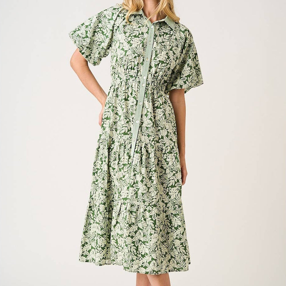 Tea green leaf print tiered midi shirt dress with bubble sleeves, collared neckline, and button-front detail.