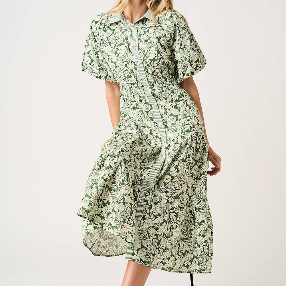 Tea green leaf print bubble sleeve tiered midi shirt dress with a collared button-down front and striped trim detail.