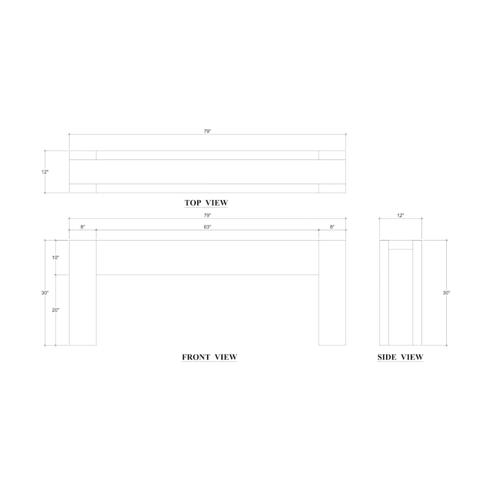 Dimensions diagram for a Tuscan rustic distressed teak console table.