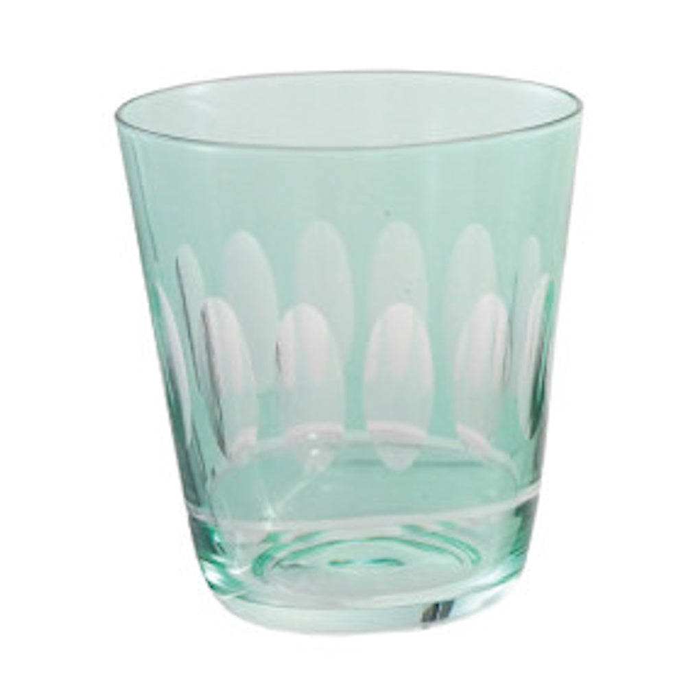 Teal etched drinking glass tumbler with a geometric oval pattern.