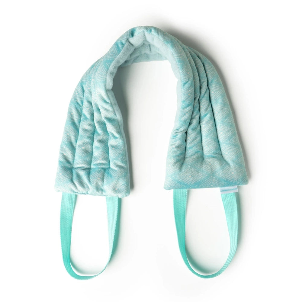 Teal patterned Lemon Lavender Hot Stuff microwaveable heated neck wrap with convenient pull handles.