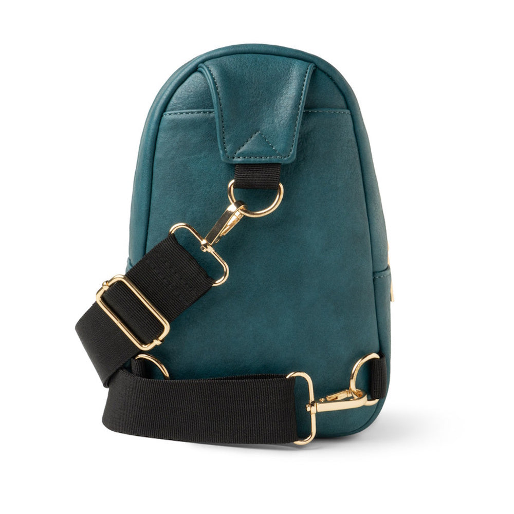 The back of a teal faux leather sling bag with an adjustable black canvas strap and gold metal hardware.