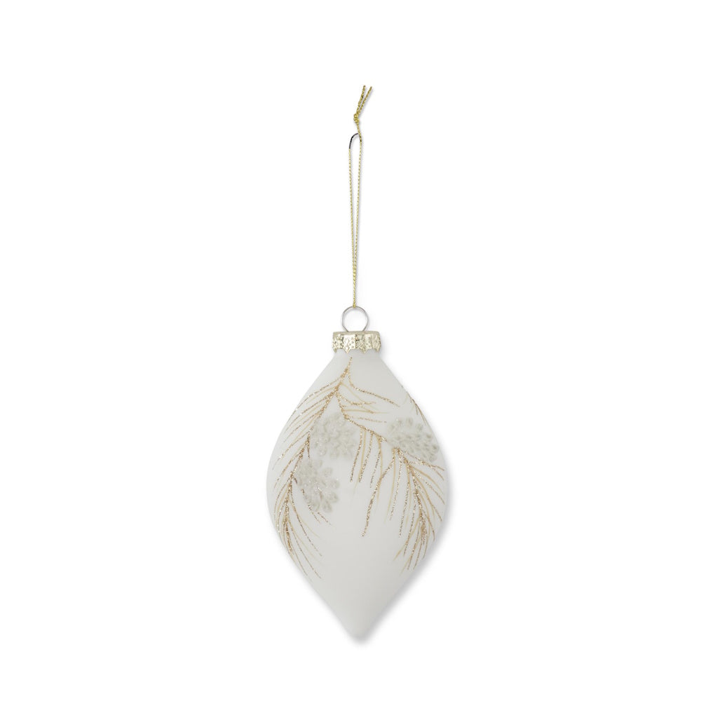 Teardrop white glass Christmas ornament featuring gold glitter pine needles and pinecones on a white background.
