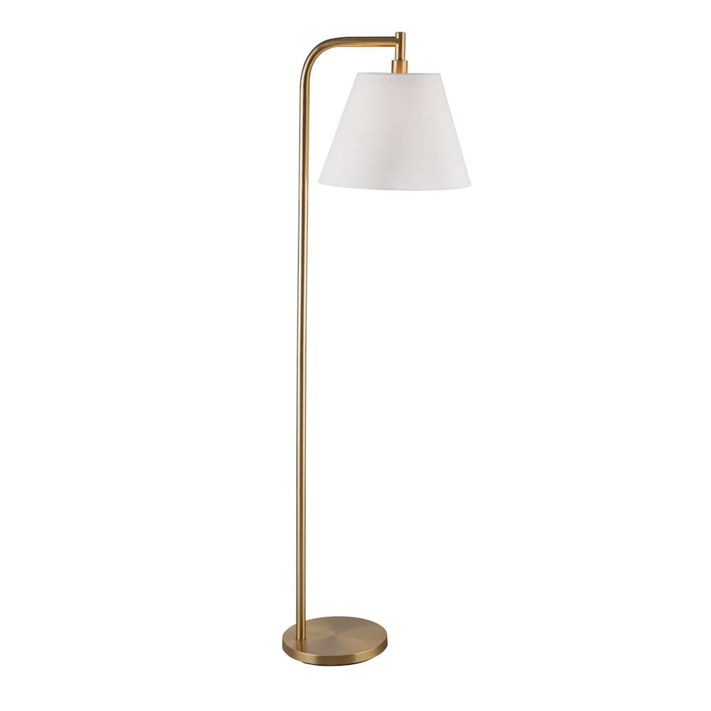 Modern brass floor lamp featuring a curved arched neck, a white tapered fabric shade, and a round metal base.