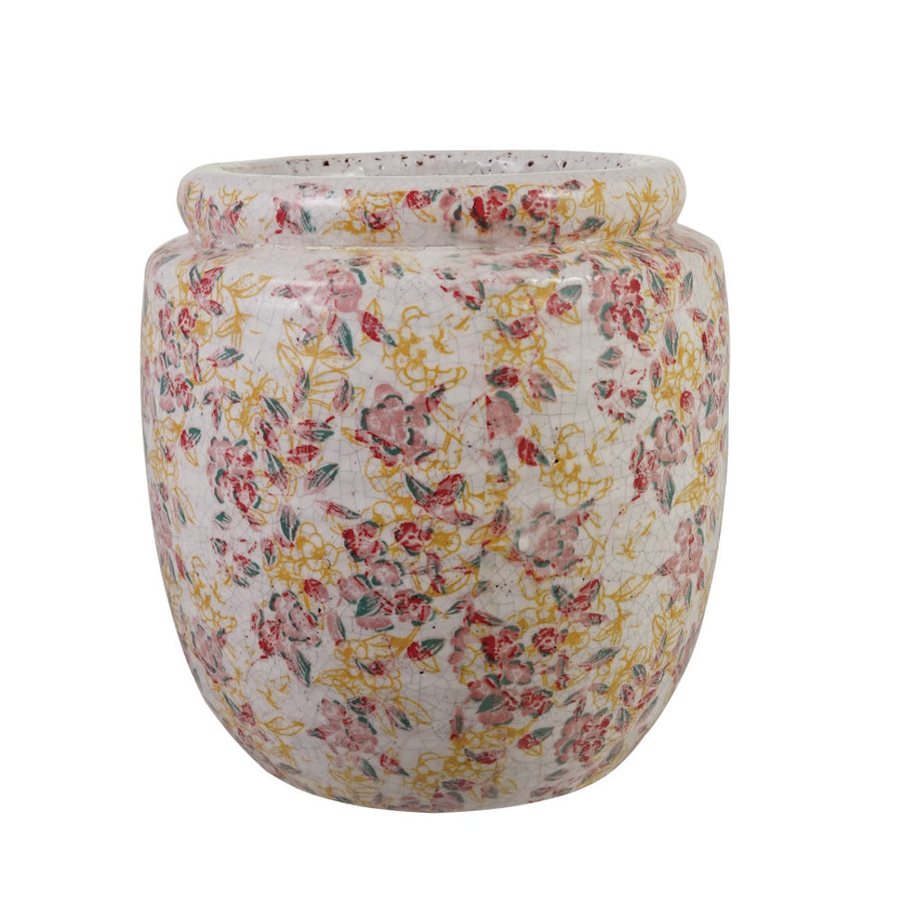 A crackle-glazed ceramic planter featuring a colorful pink, red, and yellow floral pattern on a white base.