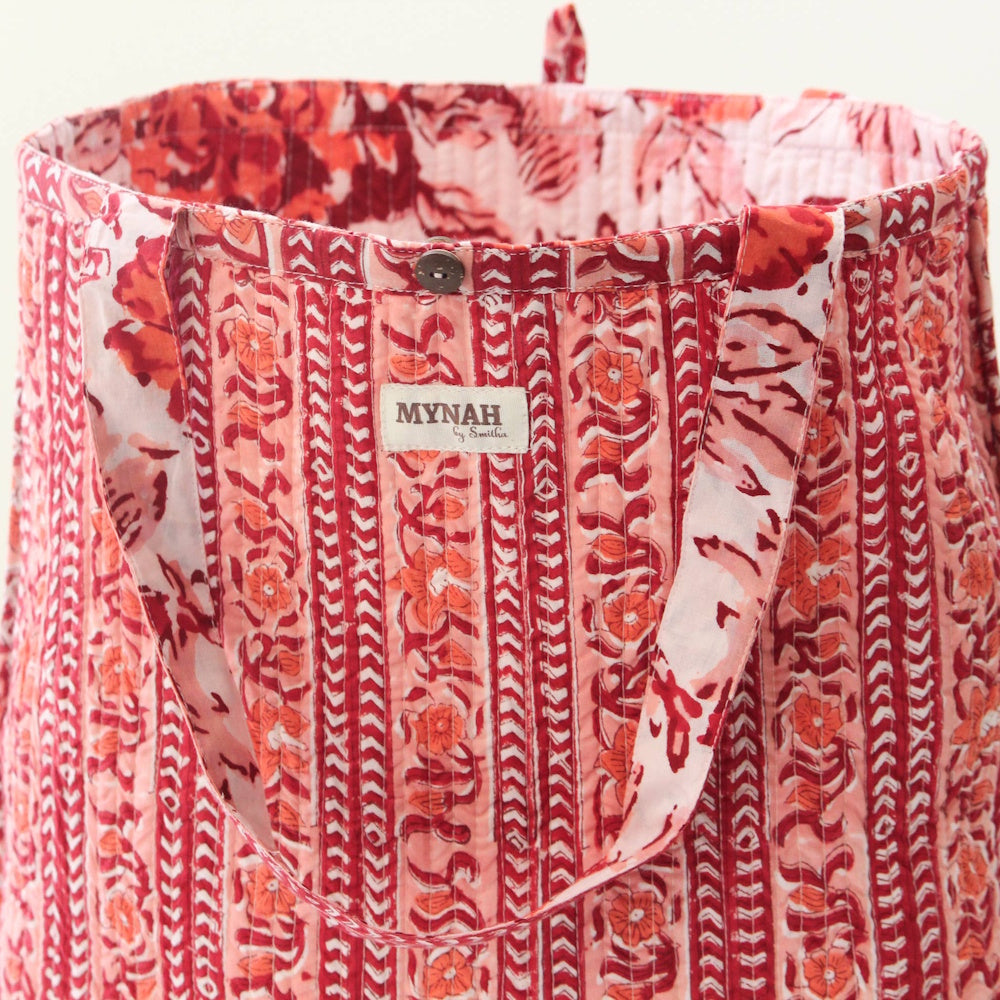 Terracotta floral print small reversible quilted tote bag by MYNAH by Smitha with vertical block print patterns.