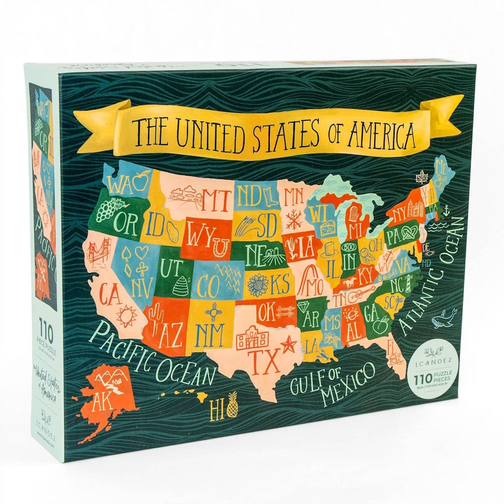 An illustrated map puzzle of the United States featuring colorful states with icons on a dark green background.