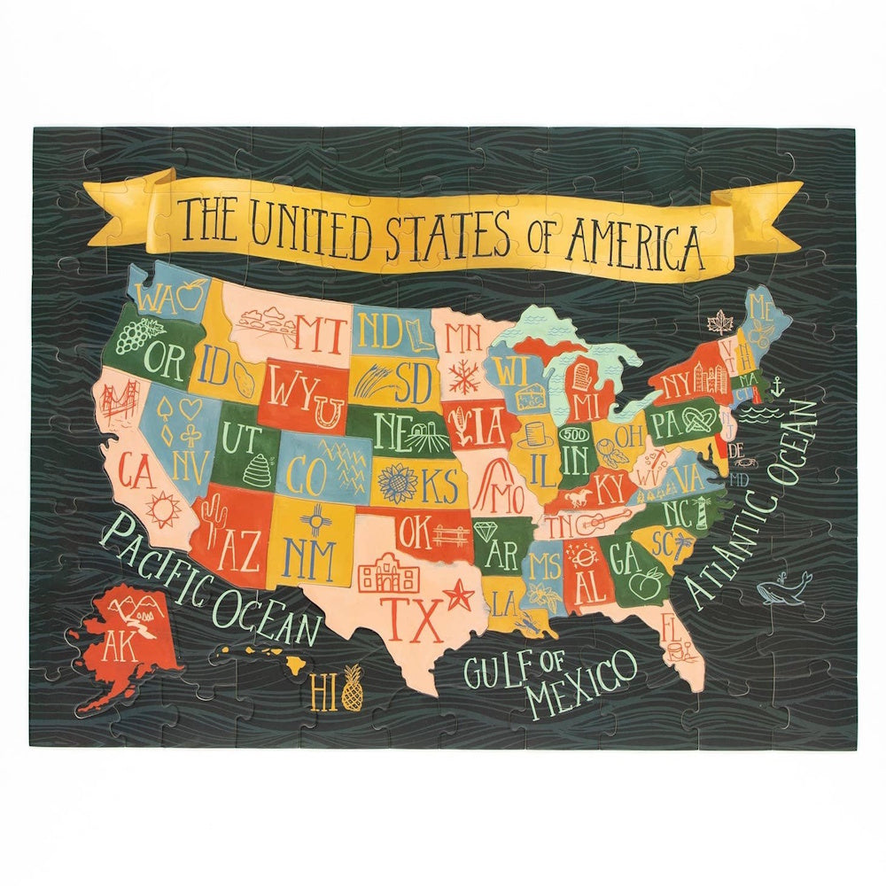 Jigsaw puzzle of a stylized map of the United States with state abbreviations and colorful regional illustrations.