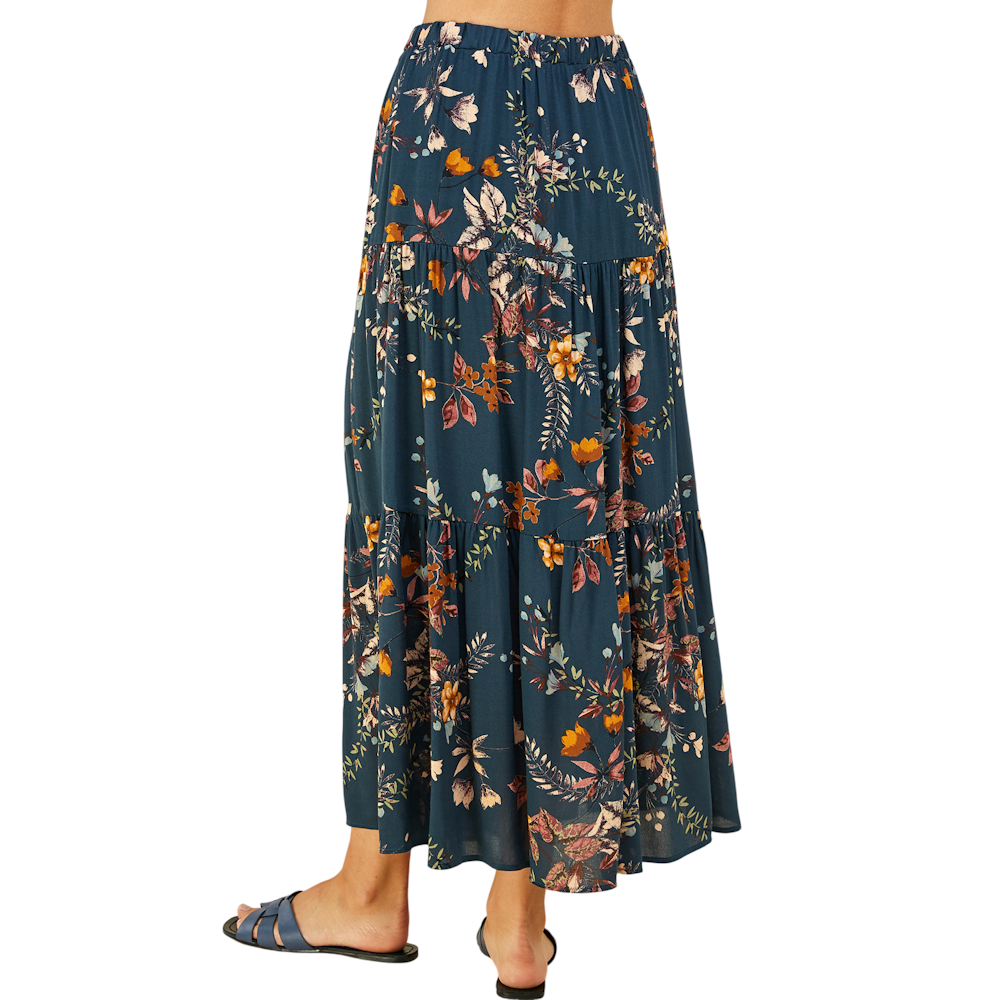Rear view of a person wearing a three-tiered maxi skirt with a blue floral pattern and flat sandals.
