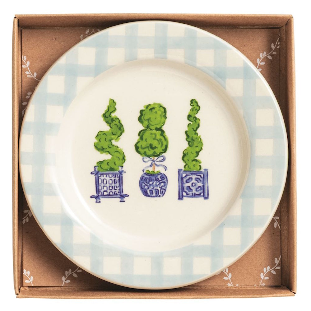 Topiary tidbit plate with blue gingham rim and three potted topiaries in a gift box.