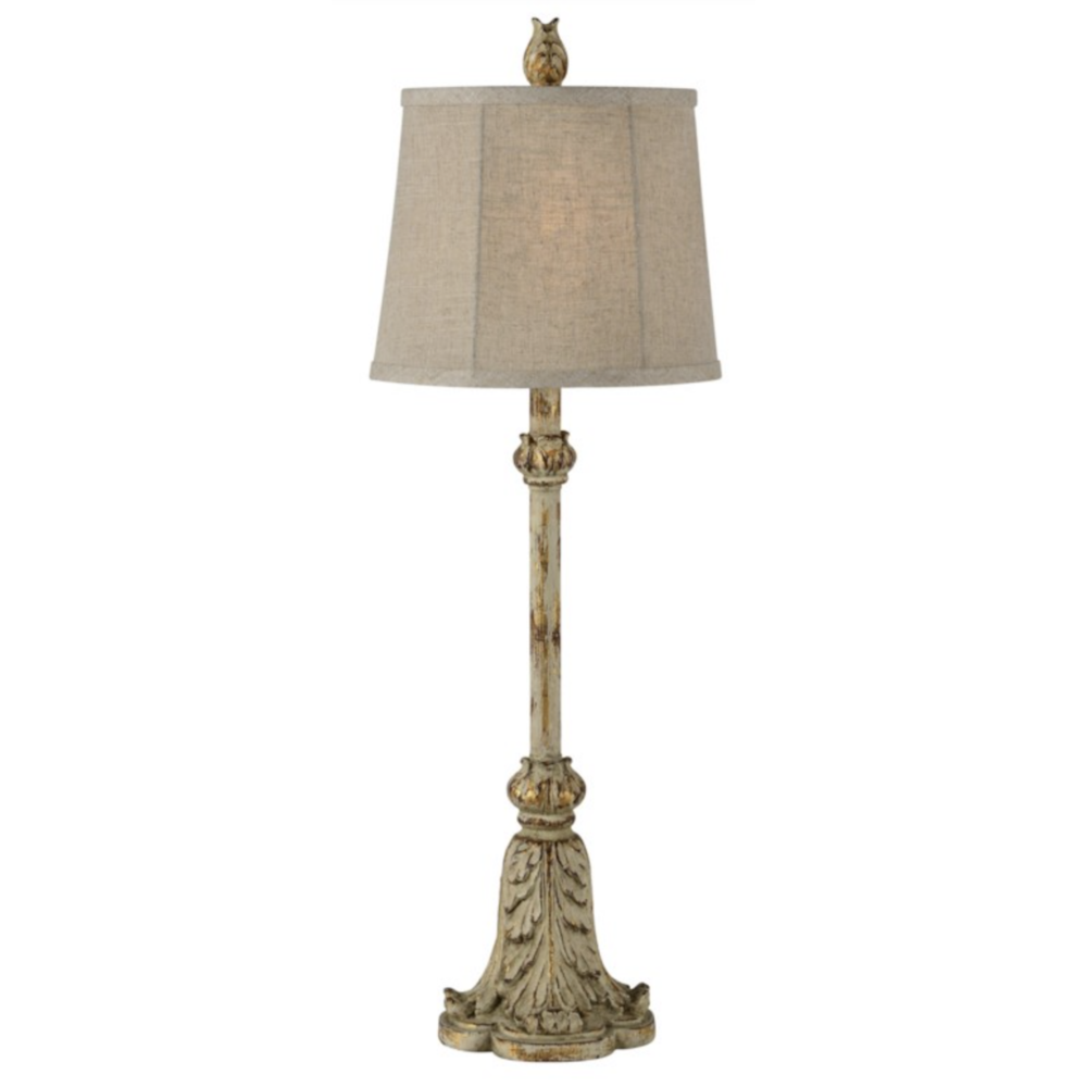 Elegant vintage-style buffet lamp with a distressed gold finish and a neutral linen tapered drum shade.
