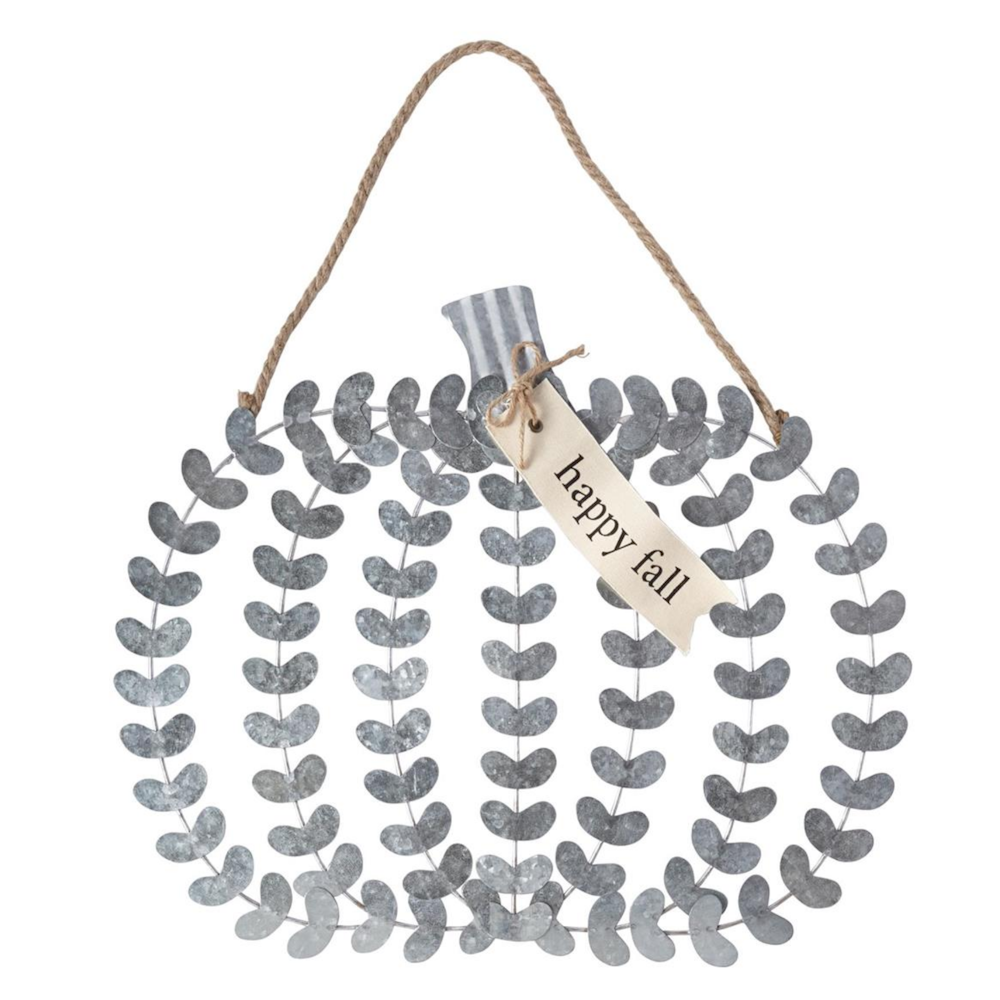 Galvanized metal pumpkin door hanger crafted from leaf strands, featuring a "happy fall" tag.