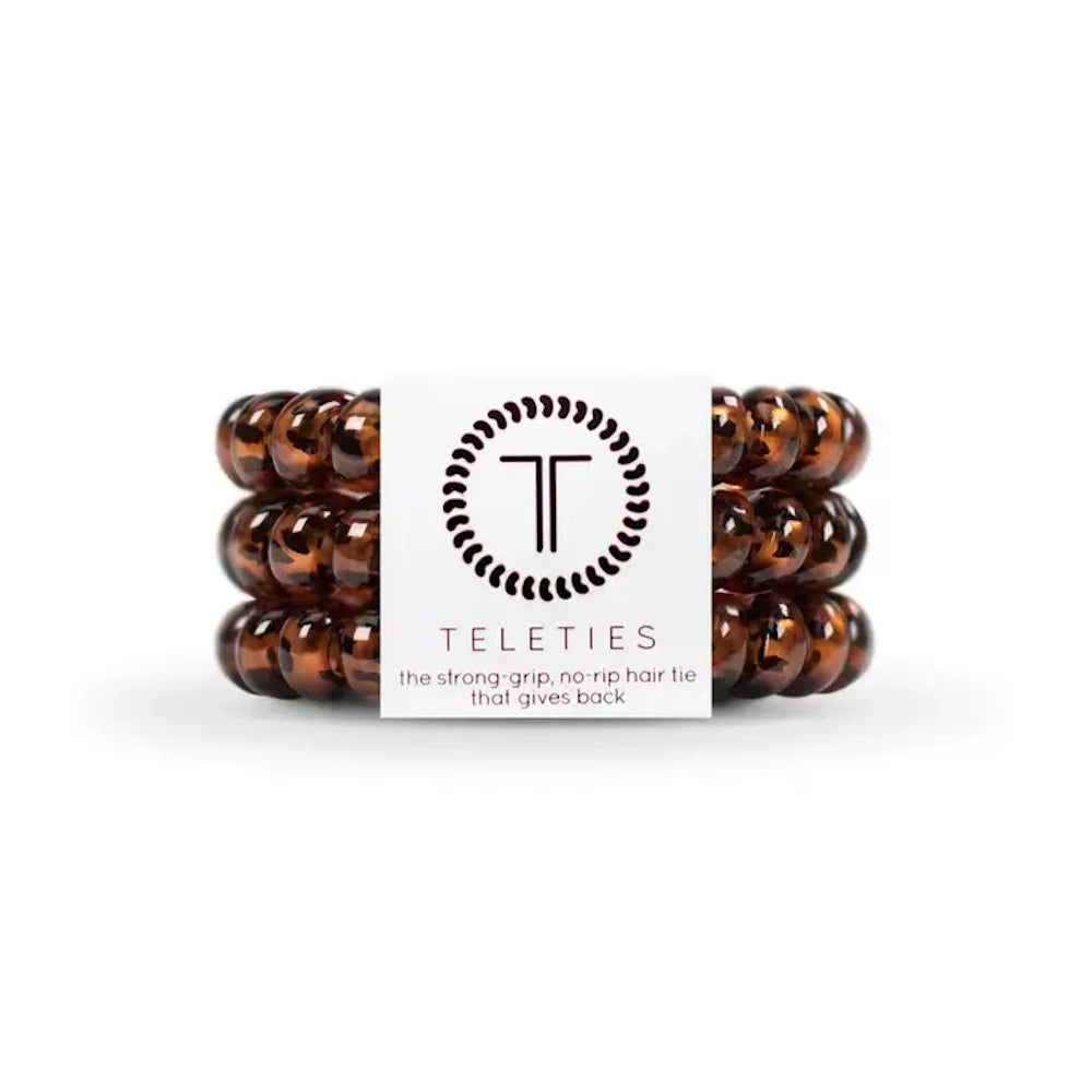 Teleties spiral hair ties in tortoise shell pattern. Strong-grip, no-rip coil hair accessories for all hair types.