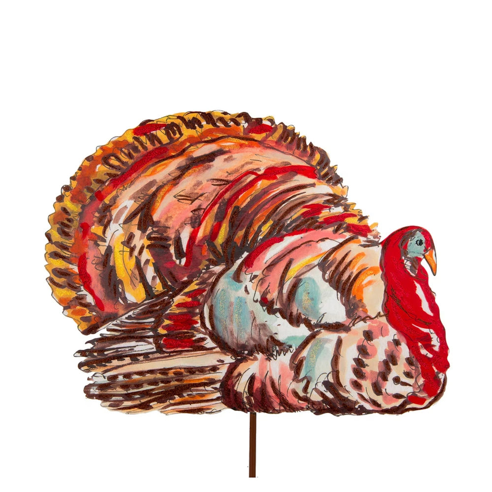 Colorful watercolor illustration of a turkey yard stake with vibrant orange, red, and brown feathers.