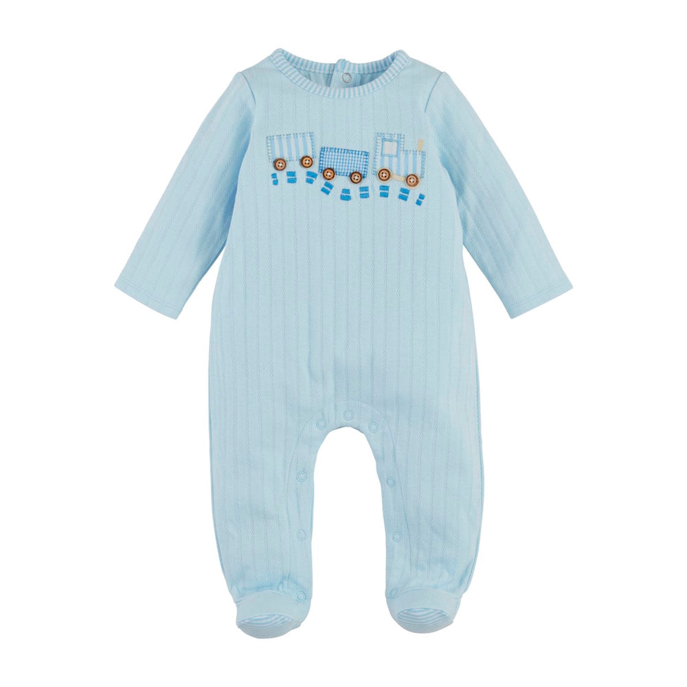 Light blue baby footie sleeper with pointelle texture and a blue train applique featuring wooden button wheels.